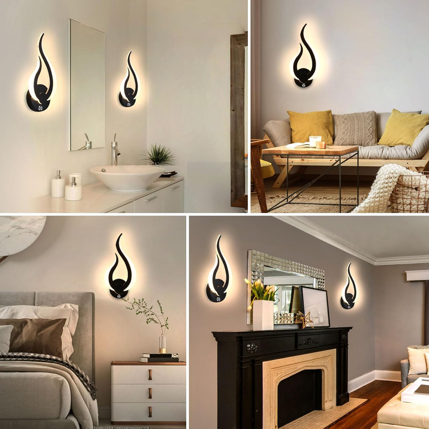 Wall-mounted light fixture in various indoor settings including a bathroom, living room, bedroom, and living room with a fireplace.