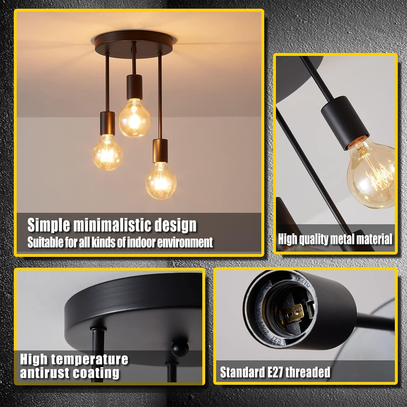 Light fixture with bulbs and text describing features on a dark background