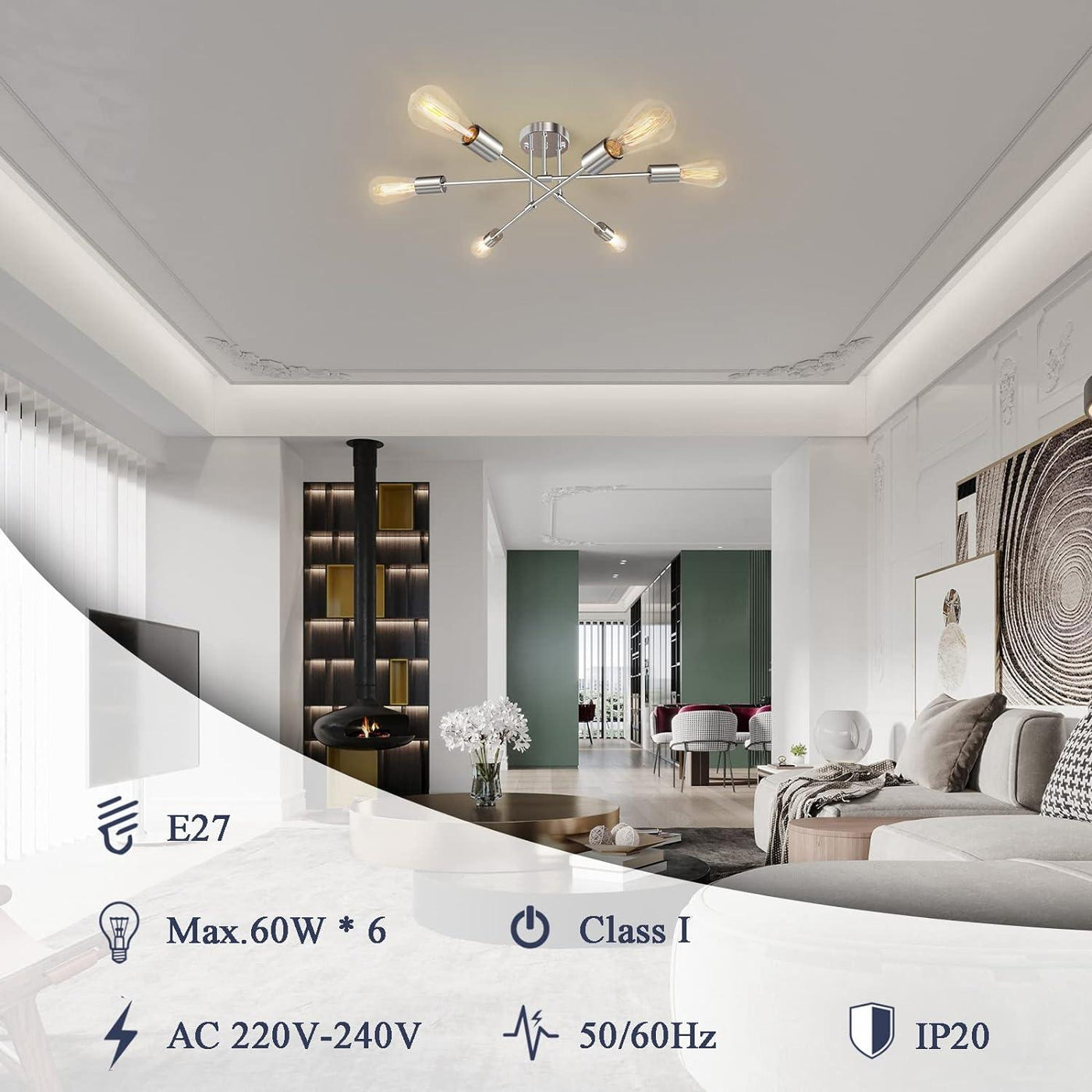 Mount Ceiling 6- Lights Silver Semi Flush with E27 Base 22.05in/56 cm - Massive Discounts