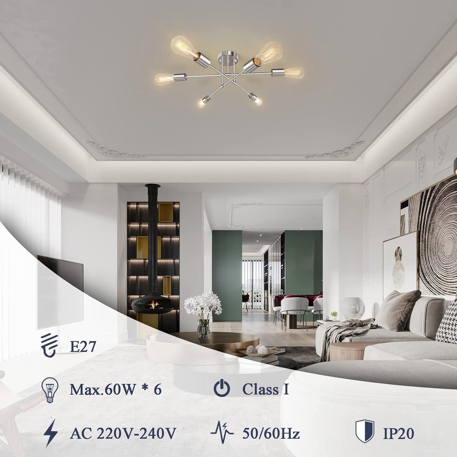 Mount Ceiling 6- Lights Silver Semi Flush with E27 Base 22.05in/56 cm - Massive Discounts