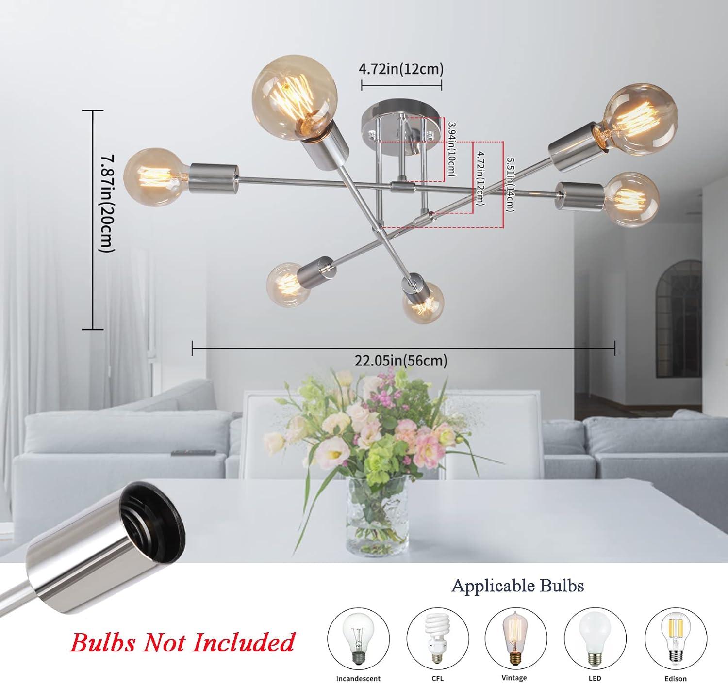 Mount Ceiling 6- Lights Silver Semi Flush with E27 Base 22.05in/56 cm - Massive Discounts