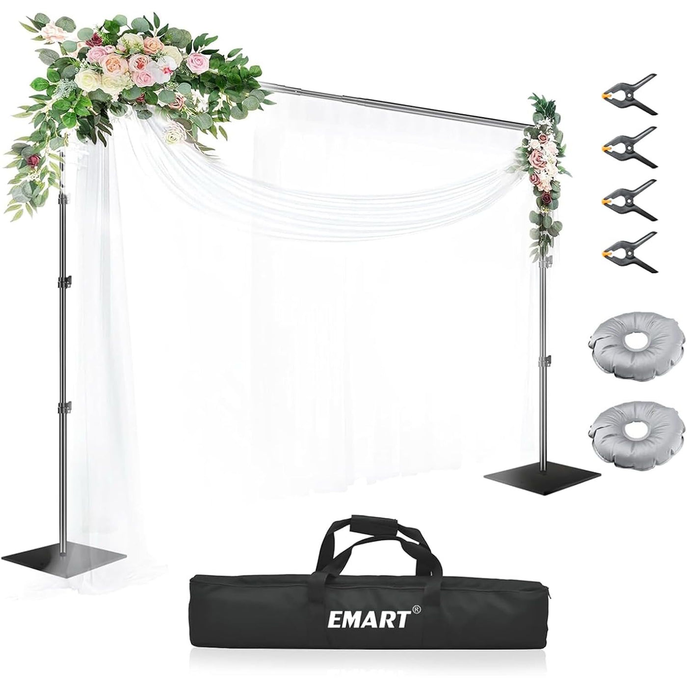 EMART heavy duty black backdrop stand with adjustable support. Includes images of the stand assembled with a black crossbar and weights, disassembled parts, and a carrying case.