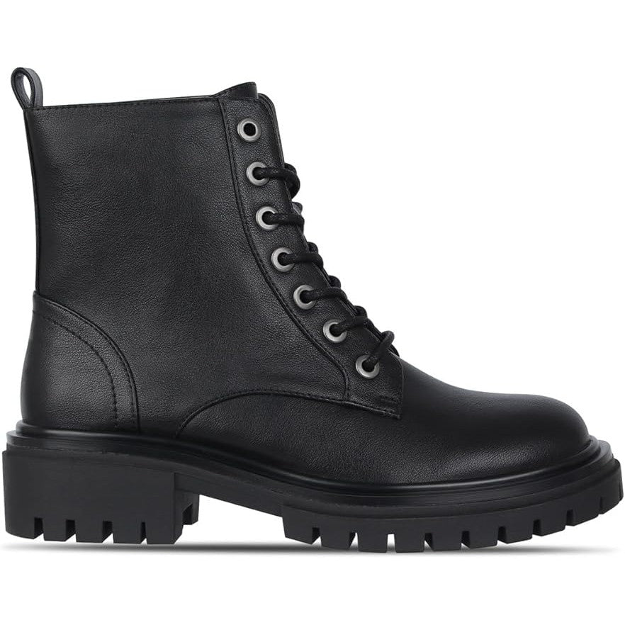 A black faux leather lace-up ankle boot with a chunky sole.