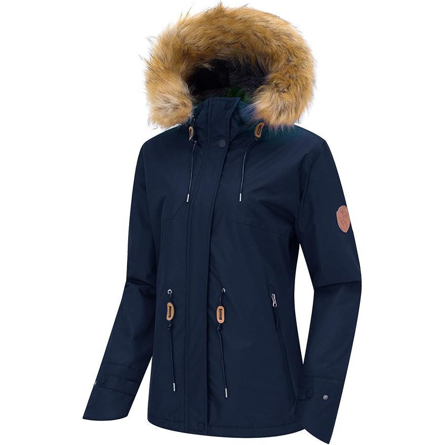 Navy blue parka jacket with fur hood on a white background