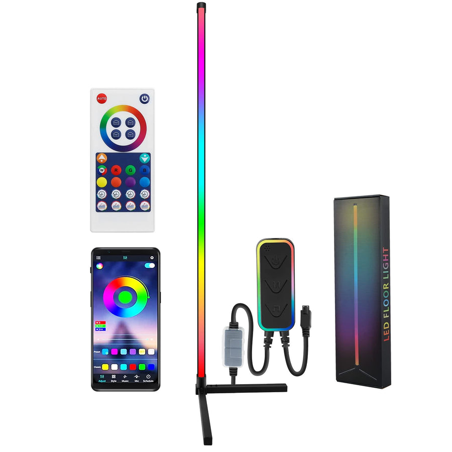 An LED floor lamp with a flexible, corner-shaped design, showcased with a remote control and a USB power adapter. The lamp is multicolored, and the image also depicts a mobile phone displaying an app to control the lamp's settings.