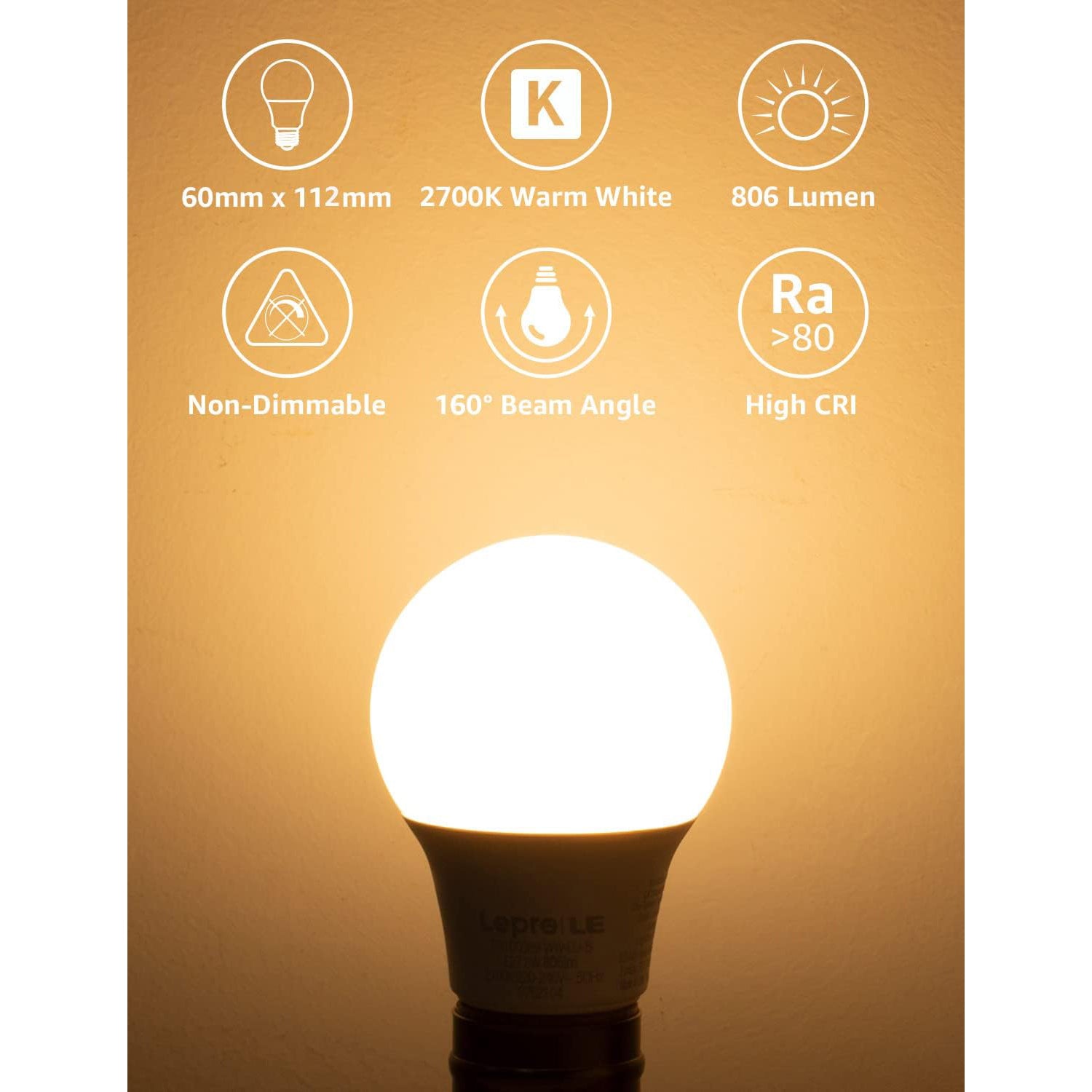 Lepro E27 6 Pcs LED Bulbs 60W Equivalent, 8.5W 806lm Warm White, Non-Dimmable