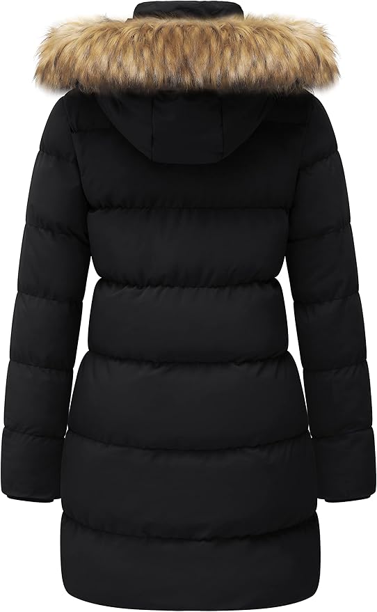 Black puffer coat with fur-lined hood on a white background