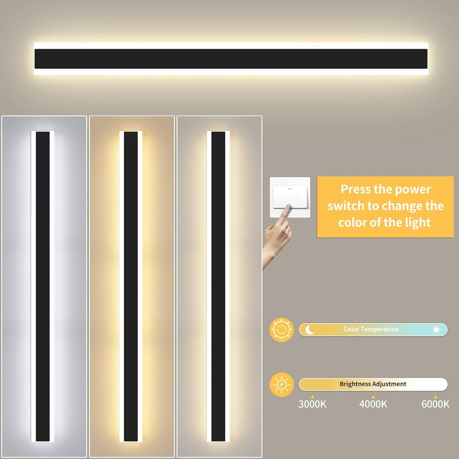 Mikeru 80CM LED Outdoor Modern Strip Wall Light, 3000k/4500k/6000k, 31W