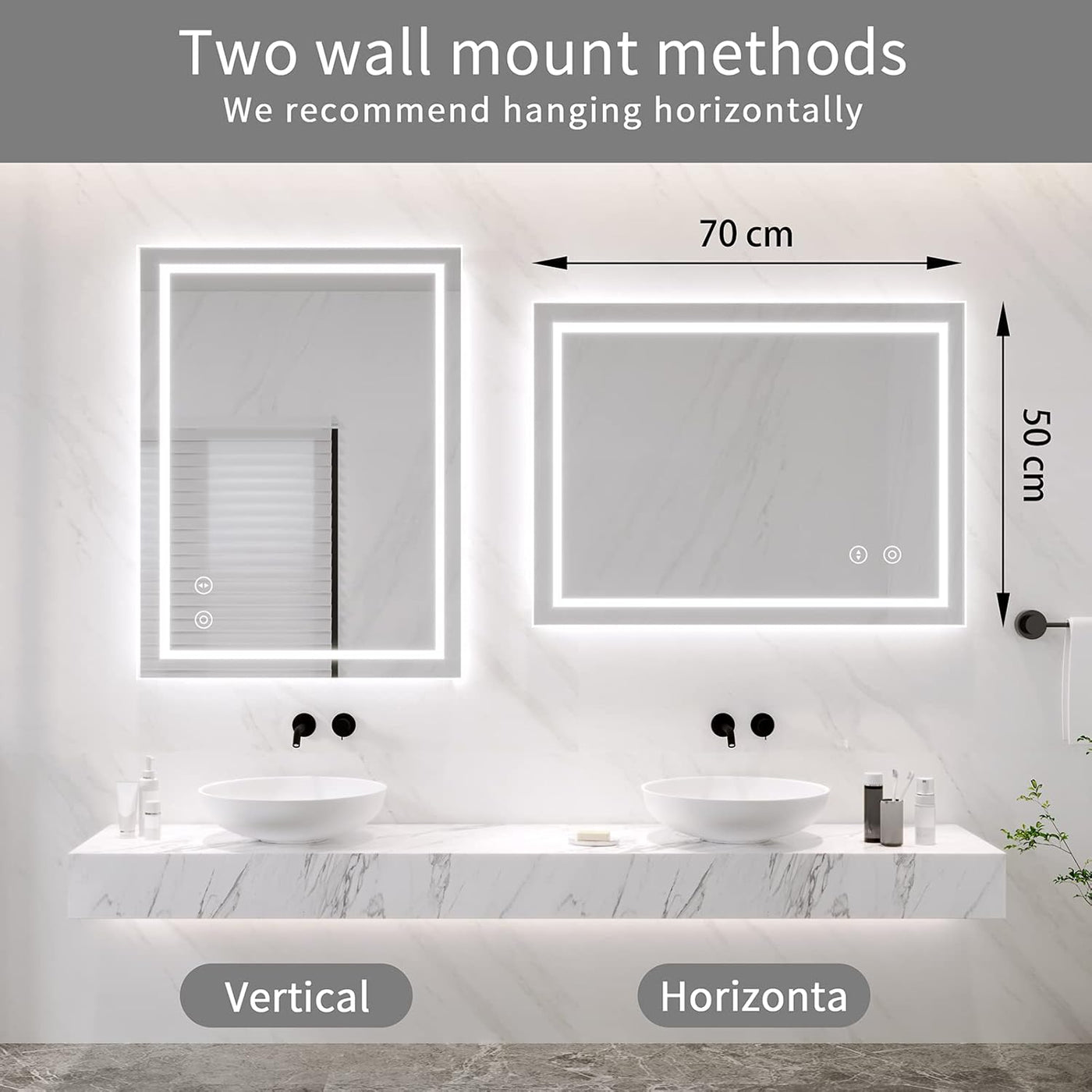 LED Bathroom Mirror Dripex 500x700mm, Dimmable, 3 Colors, Demister, Wall Mount
