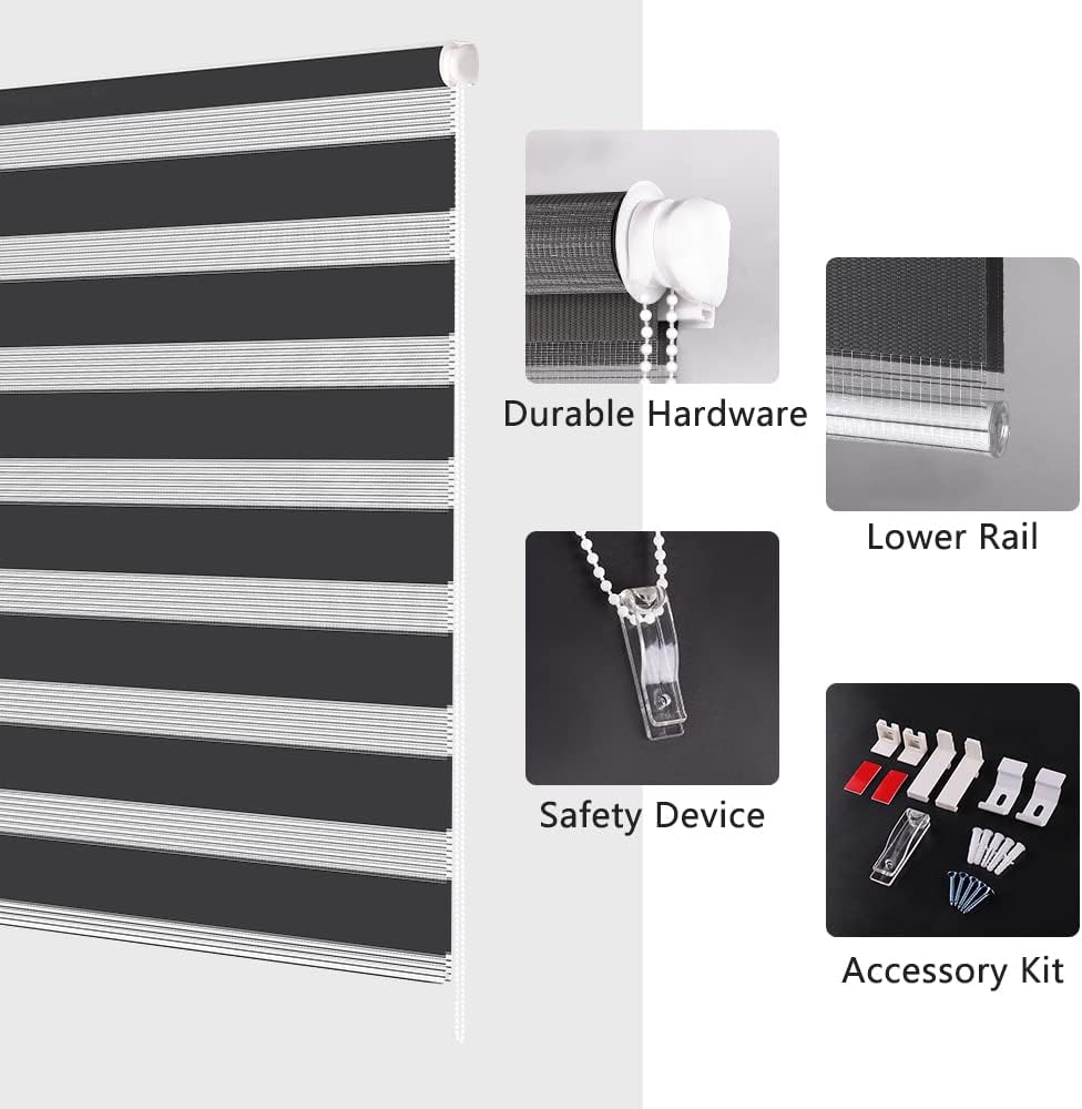 Kokorona Day & Night Zebra Roller Blinds, 60x230cm, Light Filtering, Dark Grey