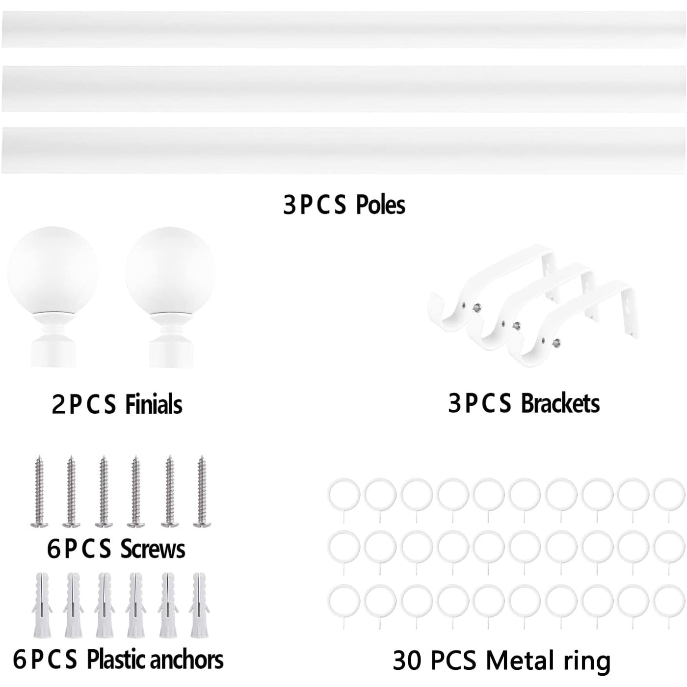 White Extendable Curtain Pole 120-300cm with Metal Ball Finials, 19mm Diameter