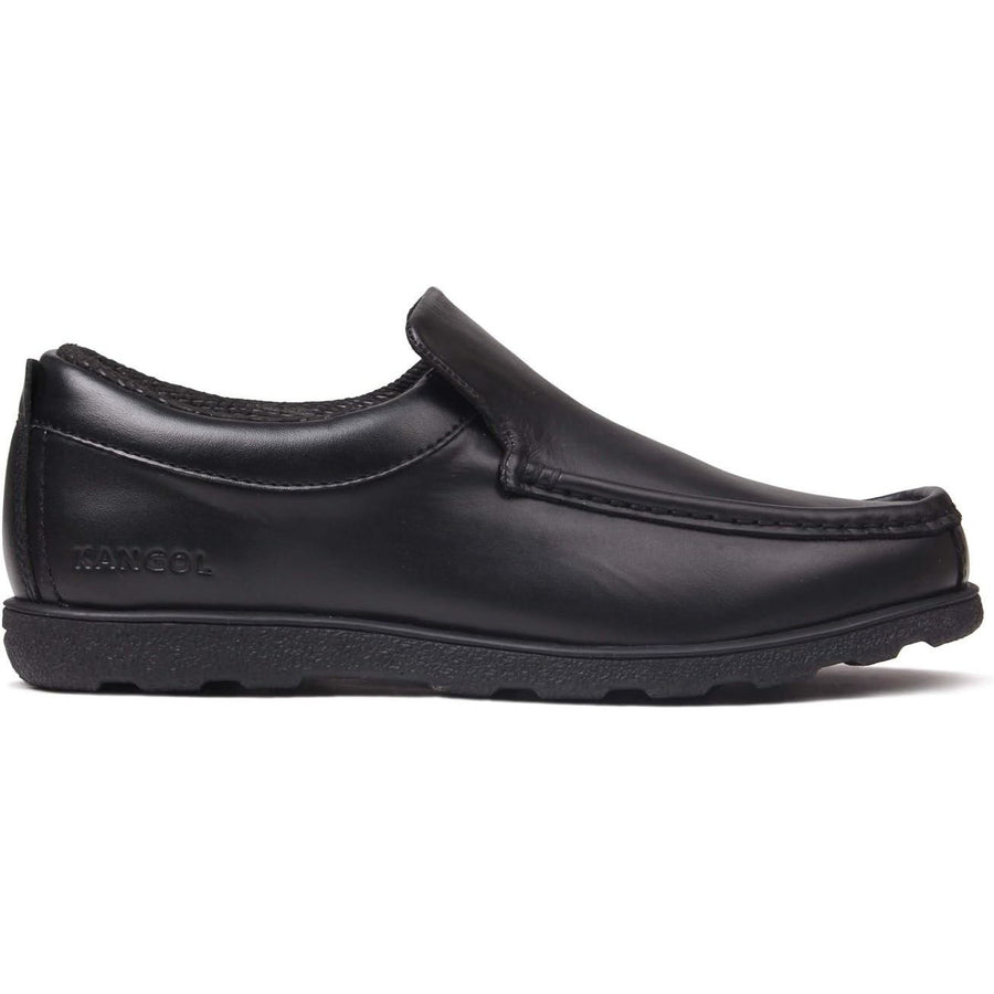 A black leather slip-on shoe with a padded ankle collar and a synthetic sole.
