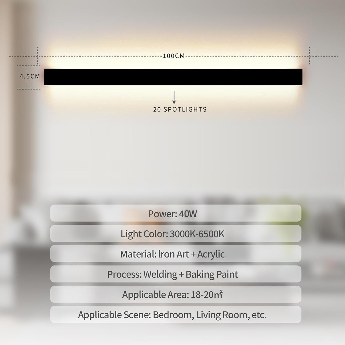 SUCIKORIO 100cm LED Wall Light, 40W Dimmable 3000-6500K, APP & Remote Control