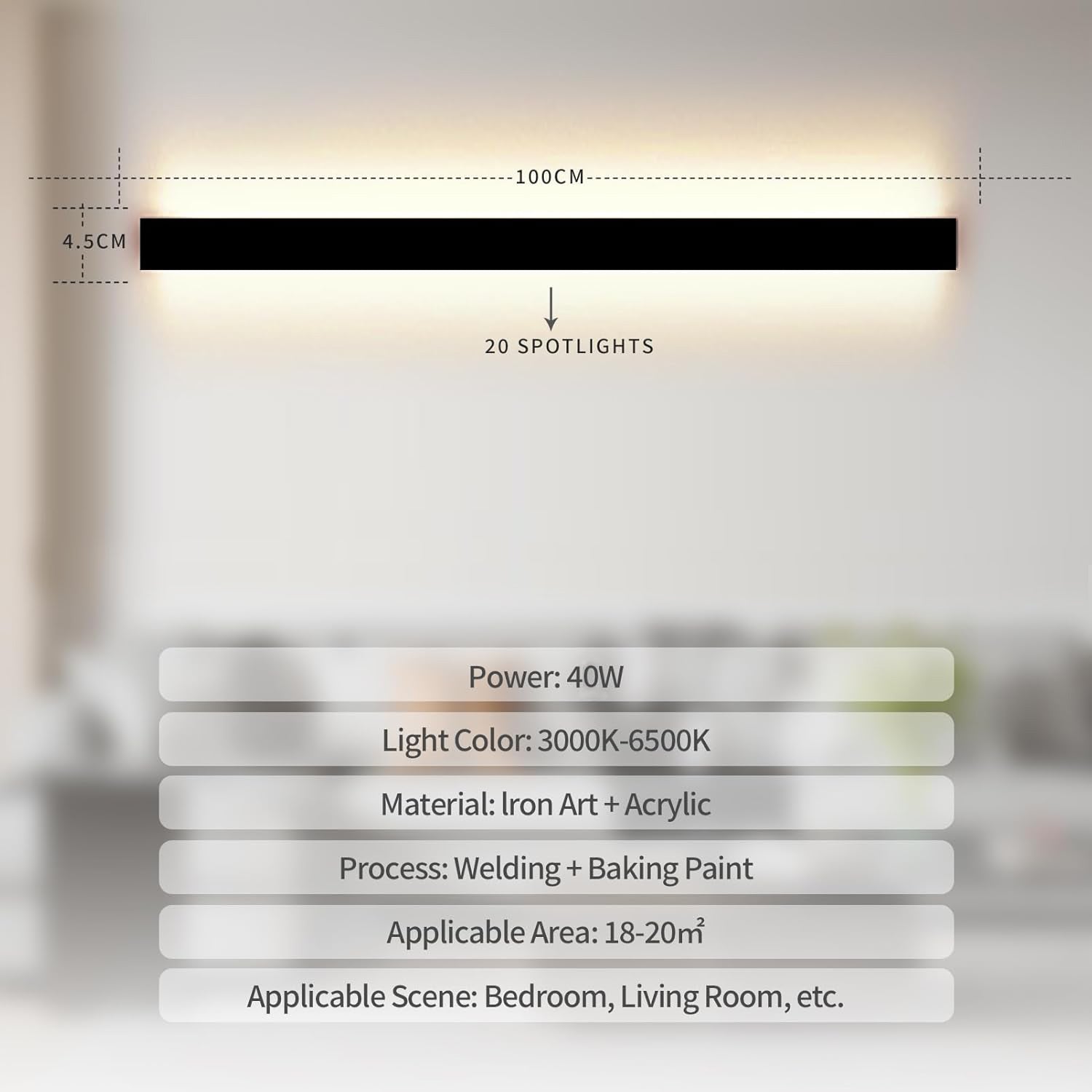SUCIKORIO 100cm LED Wall Light, 40W Dimmable 3000-6500K, APP & Remote Control