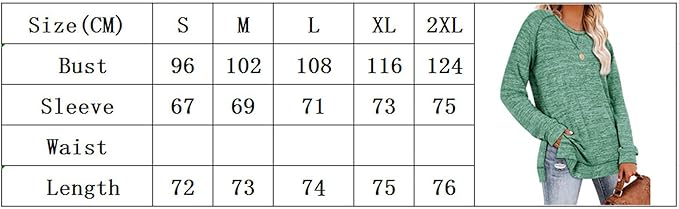Size chart for a green sweater with measurements in centimeters.