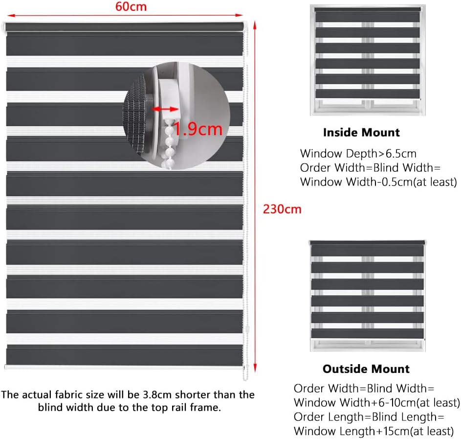 Kokorona Day & Night Zebra Roller Blinds, 60x230cm, Light Filtering, Dark Grey