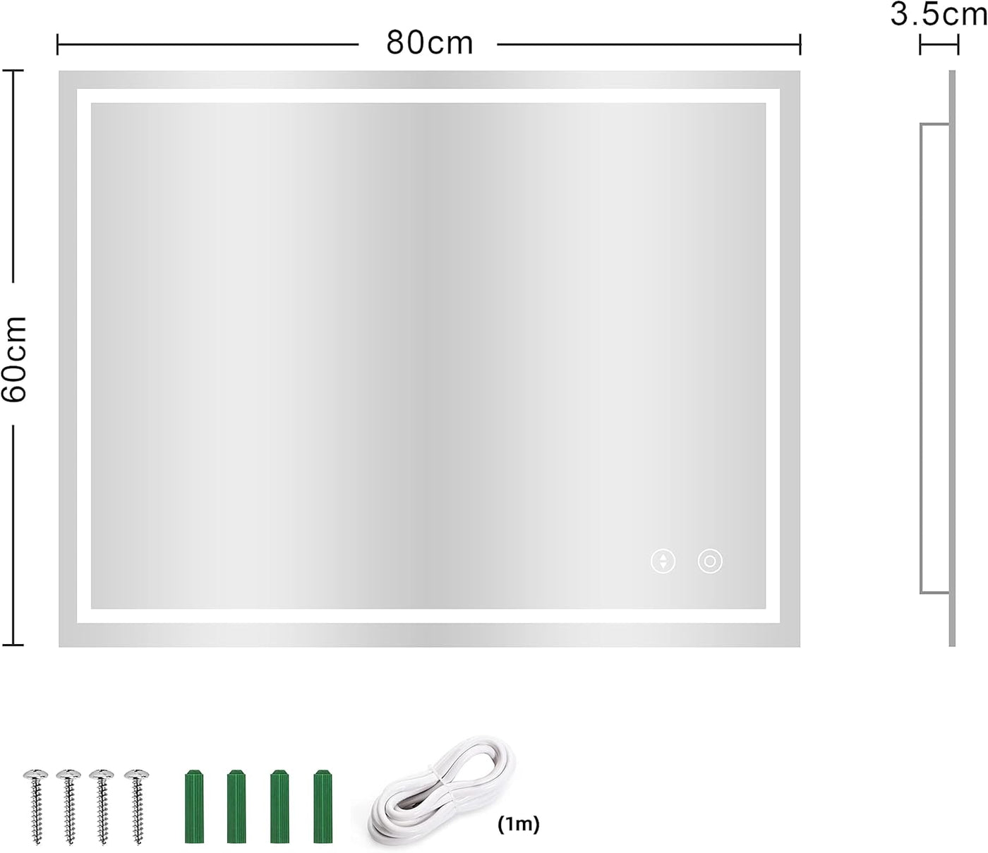 Dripex LED Bathroom Mirror 600x800mm, Dimmable, 3 Colors, Backlit, Demister Pad