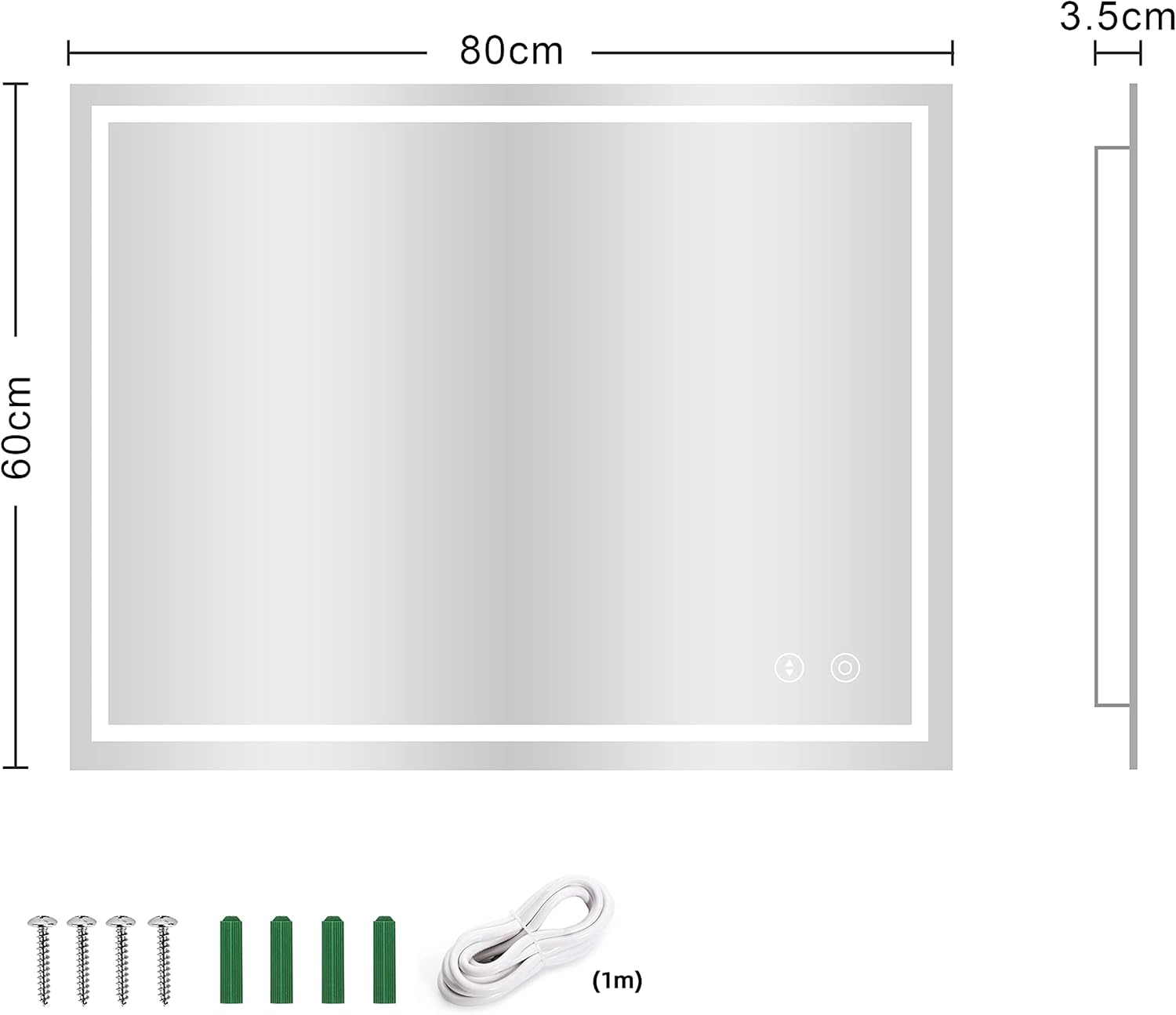 Dripex LED Bathroom Mirror 600x800mm, Dimmable, 3 Colors, Backlit, Demister Pad