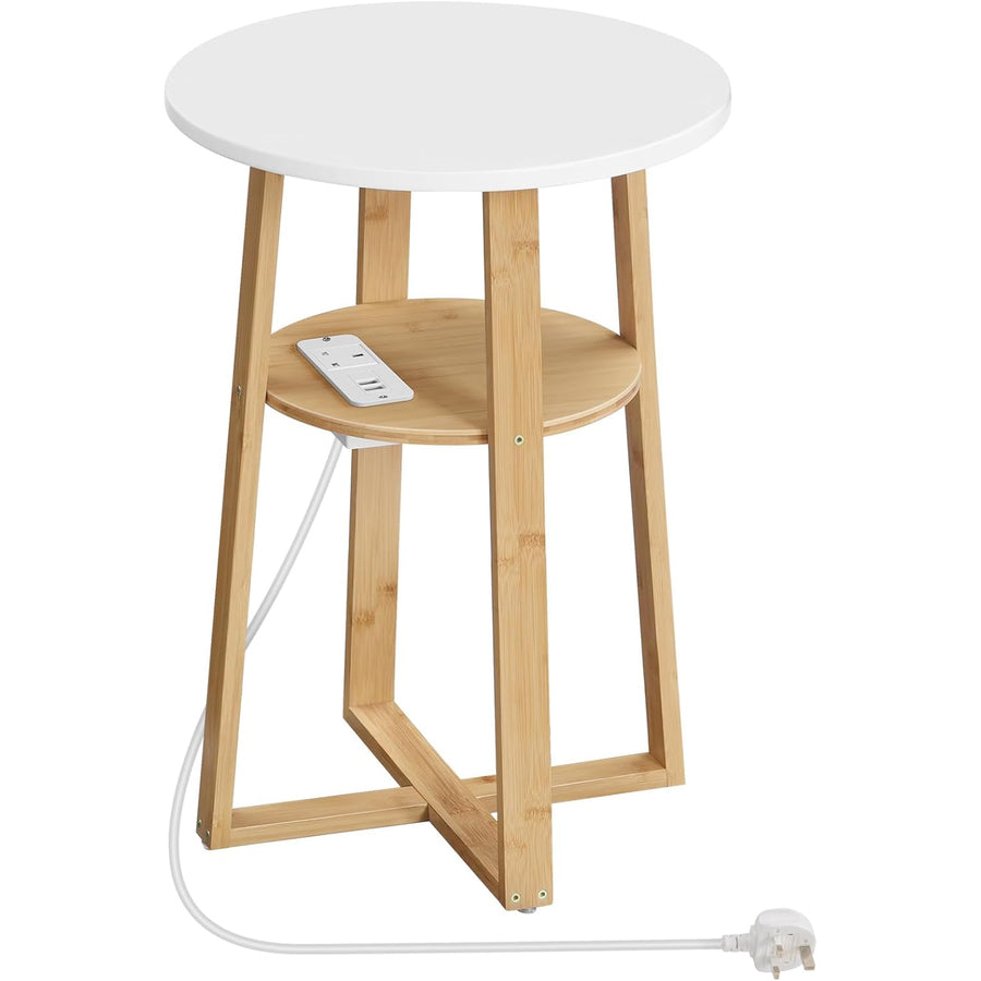 HOOBRO Round Side Table with Charging Station & Bamboo Legs, White-Natural - Massive Discounts