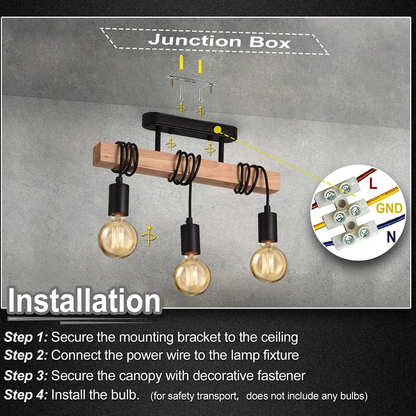 Light fixture installation guide with bulbs and wiring diagram on a gray background