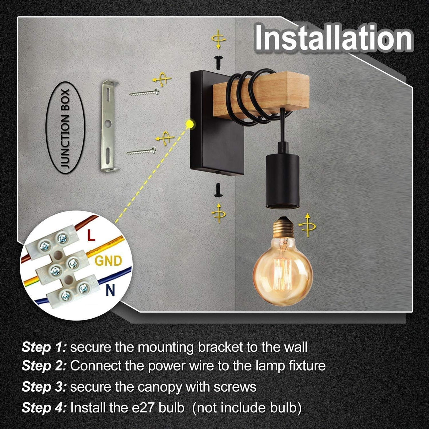 Wall-mounted light fixture installation guide with steps and components on a gray background