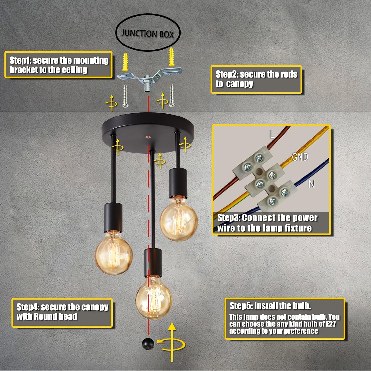 Step-by-step guide on installing a ceiling light fixture with junction box and wiring diagram.