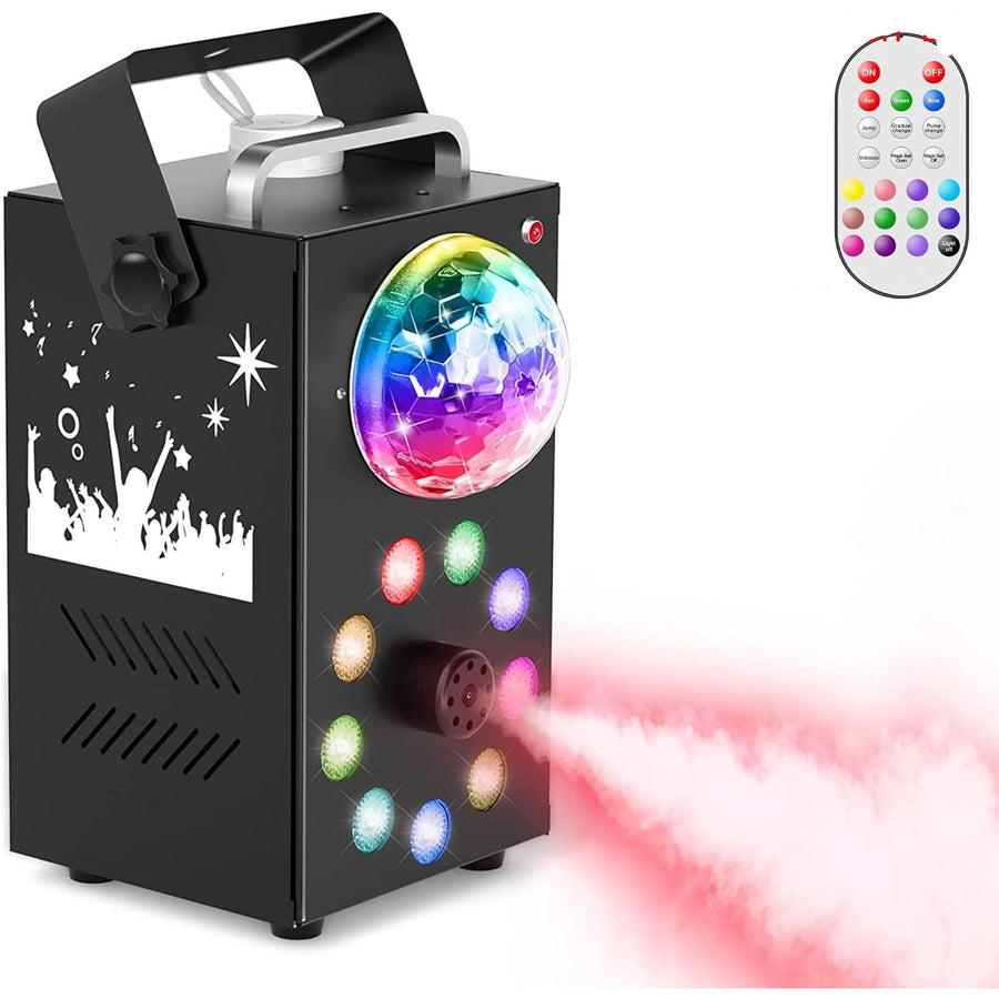 A black UKing brand fog machine with a disco ball and multicolored LED lights. It is pictured with a remote control.