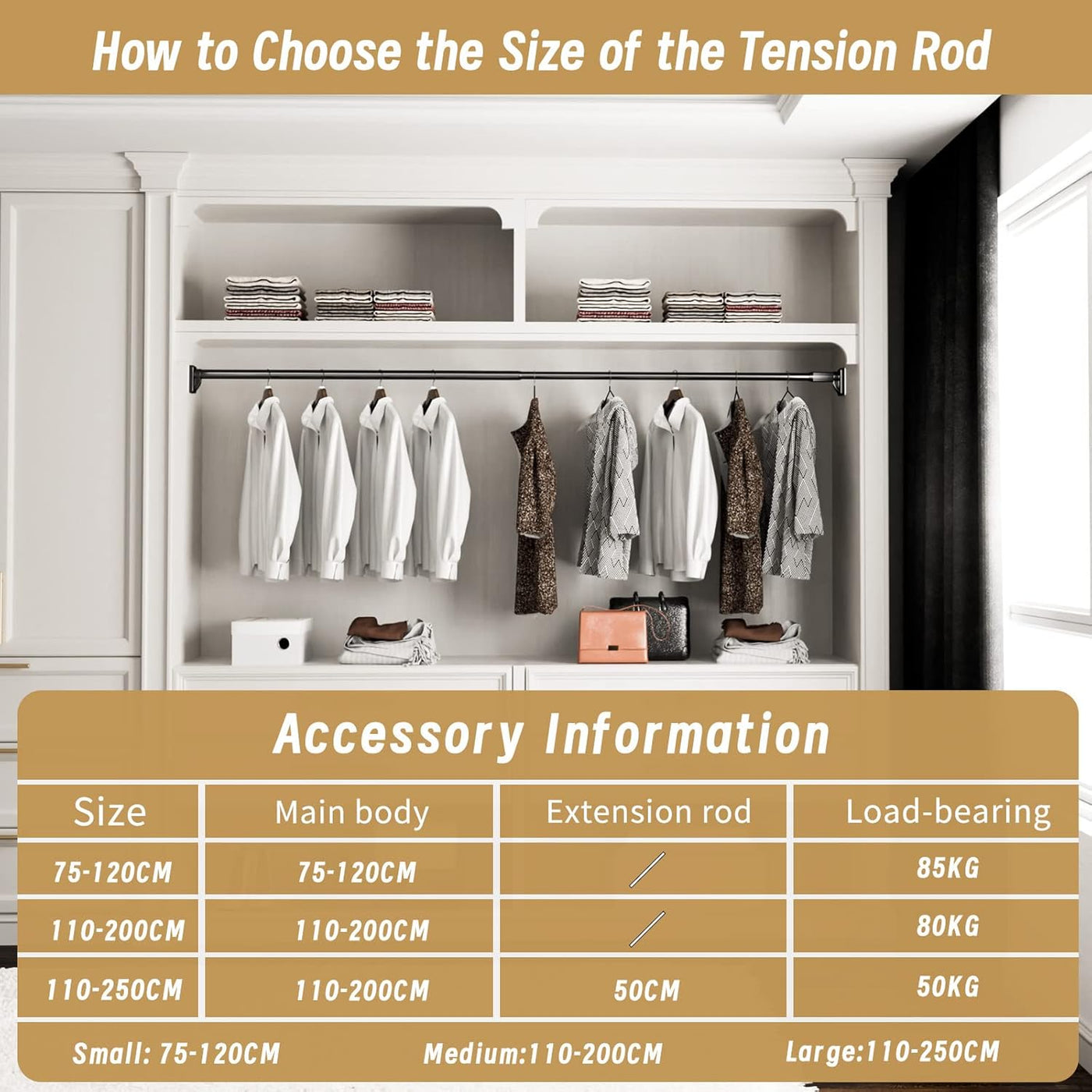 Telescopic Shower Curtain Rod, 110-250cm, No Drilling, Steel, Up to 50kg, Black