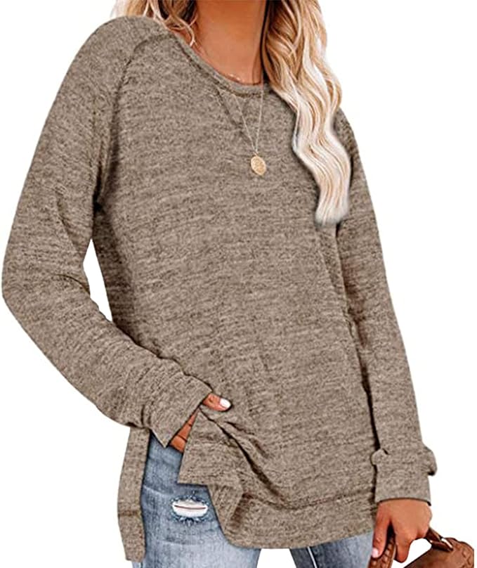 Brown long-sleeve top worn by a person on a white background