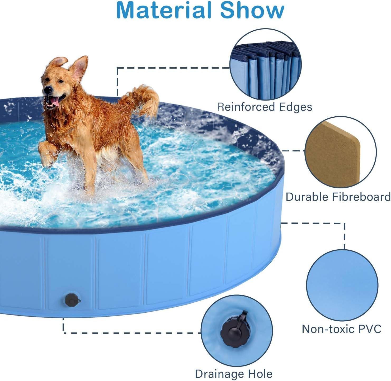 Dog Pool, Durable Paddling Pool with Quick Drainage Hole, Foldable Pet Bath Tub Outdoor