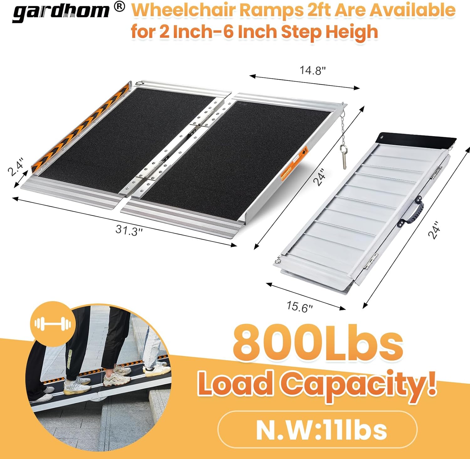 Wheelchair Ramp 2FT, Gardhom Foldable Portable Aluminum 362kg Capacity Ramp