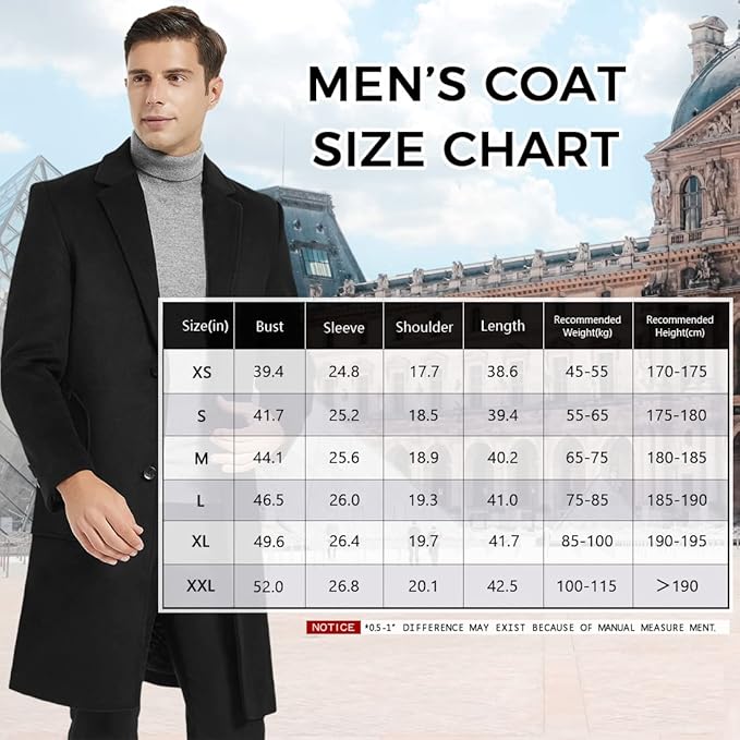Mens Wool Trench Coat Slim Fit Long Woolen Overcoat Black Size XL iCKER