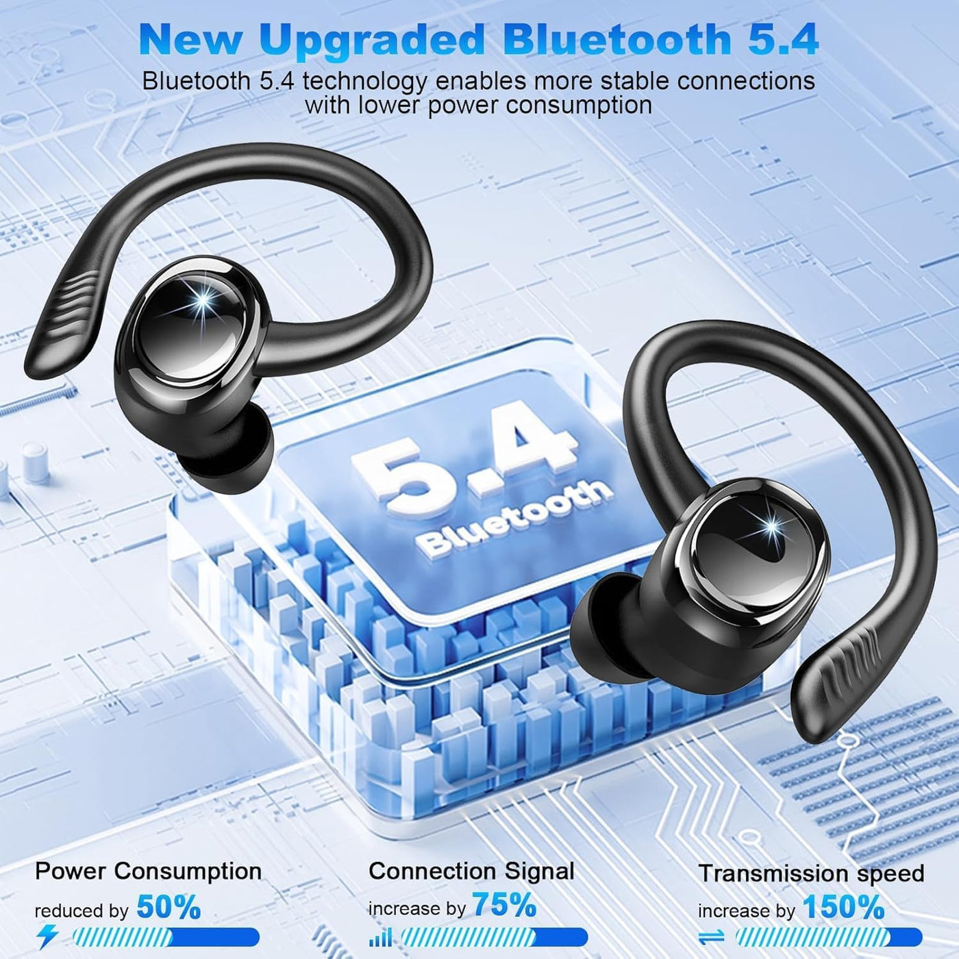 Black wireless earbuds with a clear case displaying '5.4 Bluetooth' on a blue technical background.