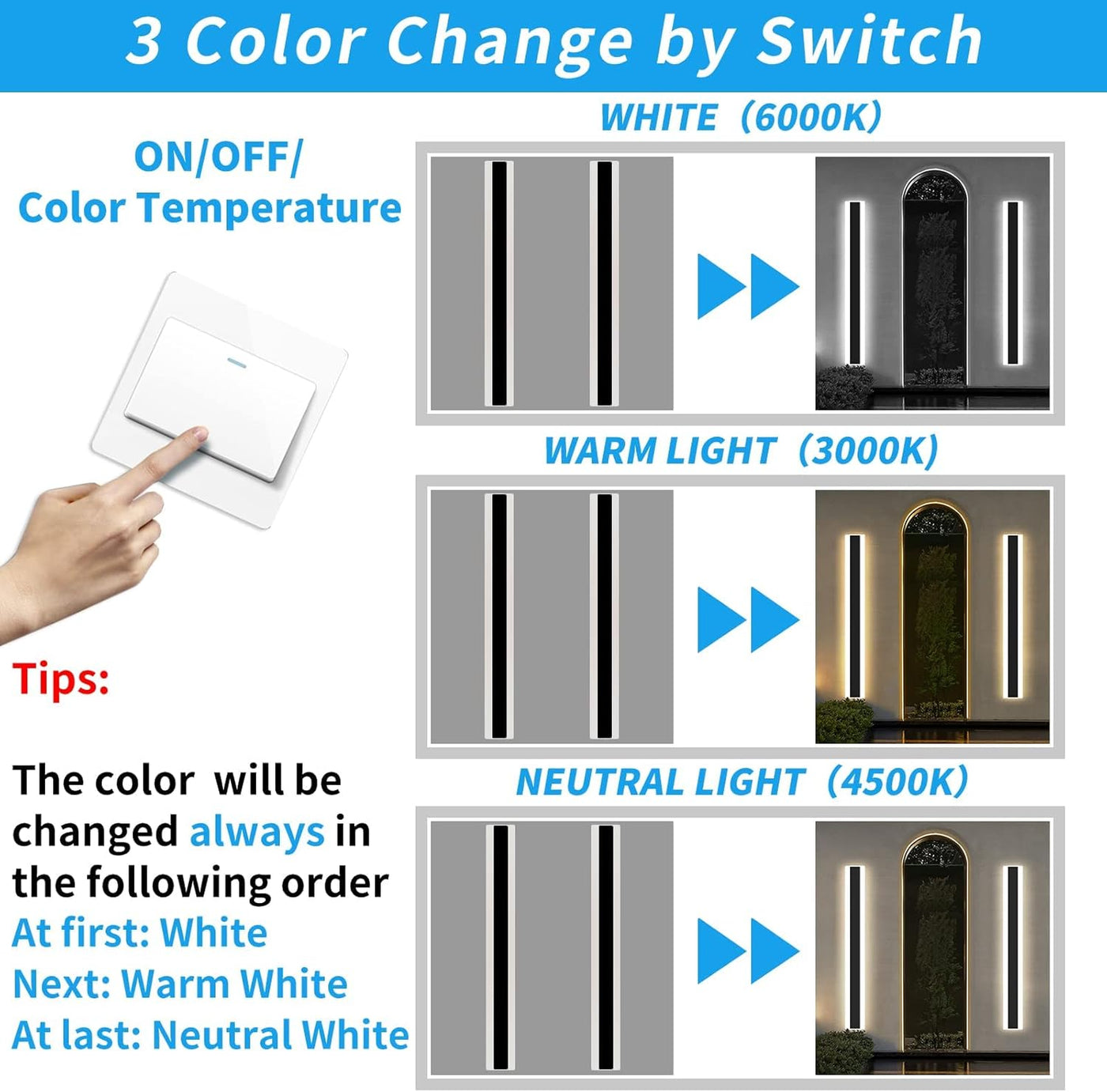 Mikeru 120CM Outdoor LED Wall Light, 42W IP65, 3 Modes 3000K-6000K, Black