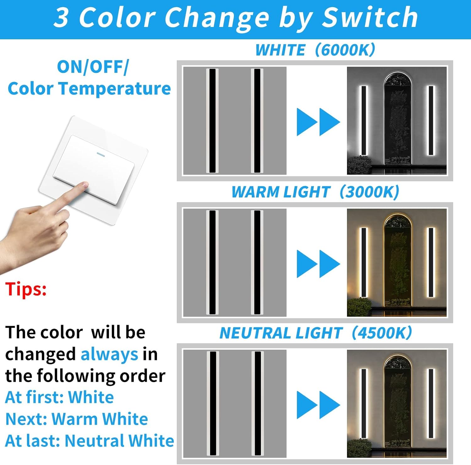 Mikeru 120CM Outdoor LED Wall Light, 42W IP65, 3 Modes 3000K-6000K, Black