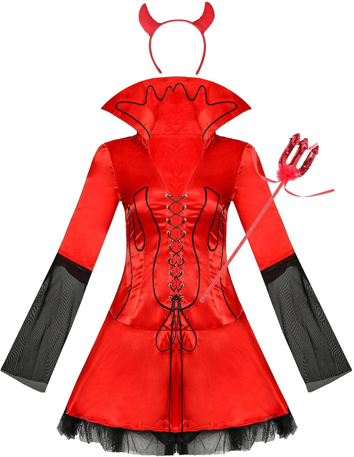 Red devil costume with black accents, including a dress, headband, and gloves on a white background.