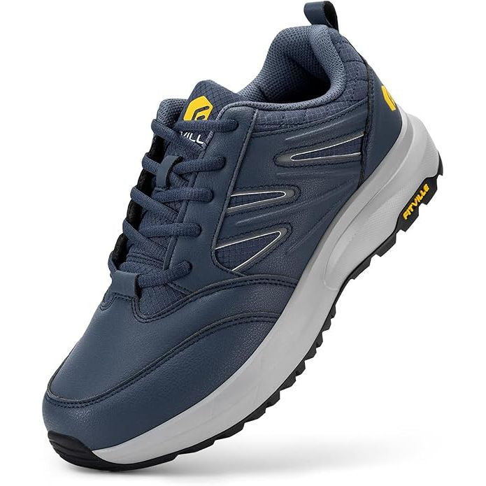 A pair of navy blue FitVille men's extra wide hiking shoes with yellow accents on the side.