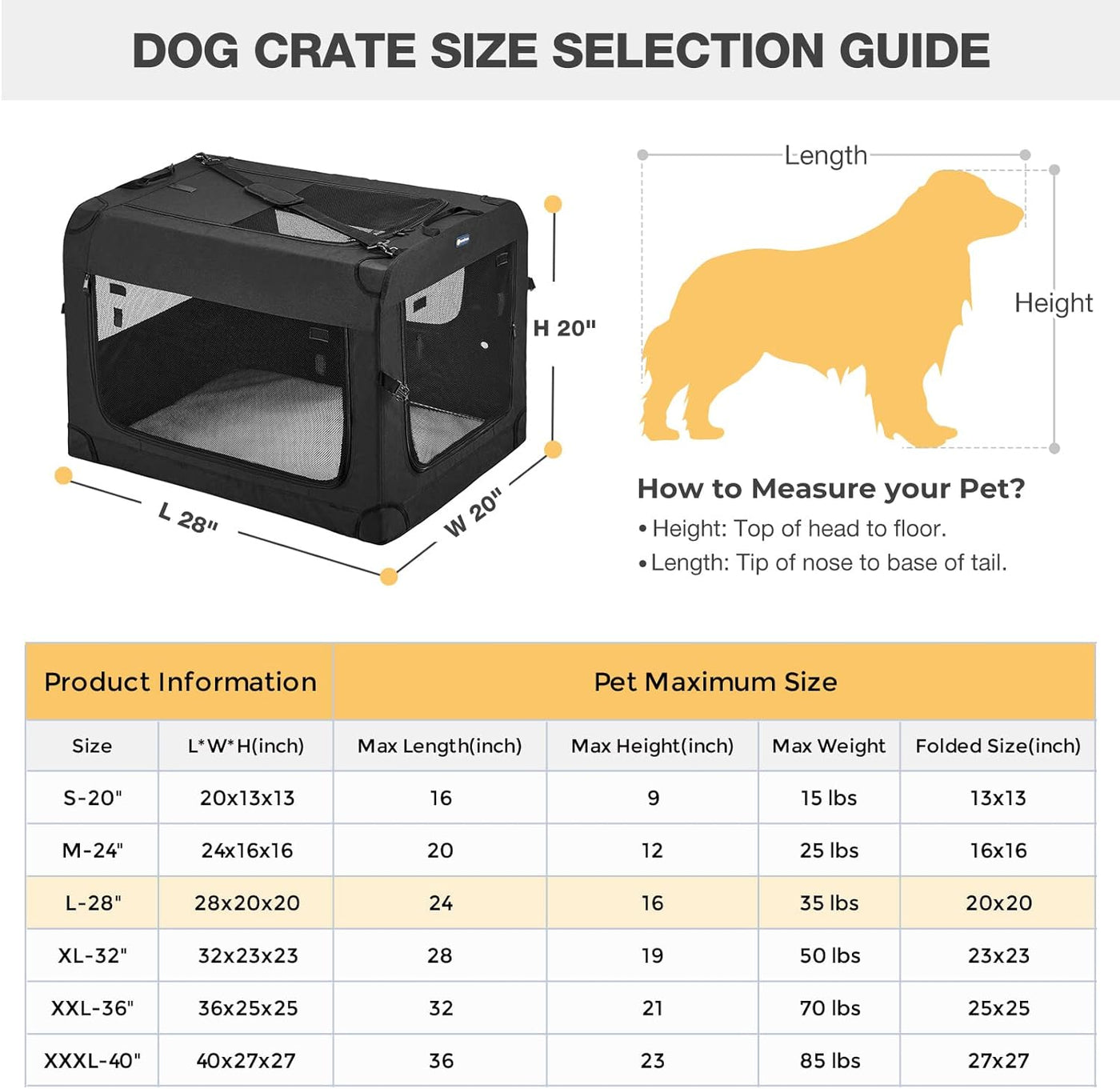 Veehoo 28'' Folding Soft Dog Crate, 3-Door Pet Kennel for Indoor & Outdoor Use