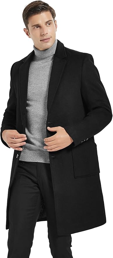 Mens Wool Trench Coat Slim Fit Long Woolen Overcoat Black Size XL iCKER