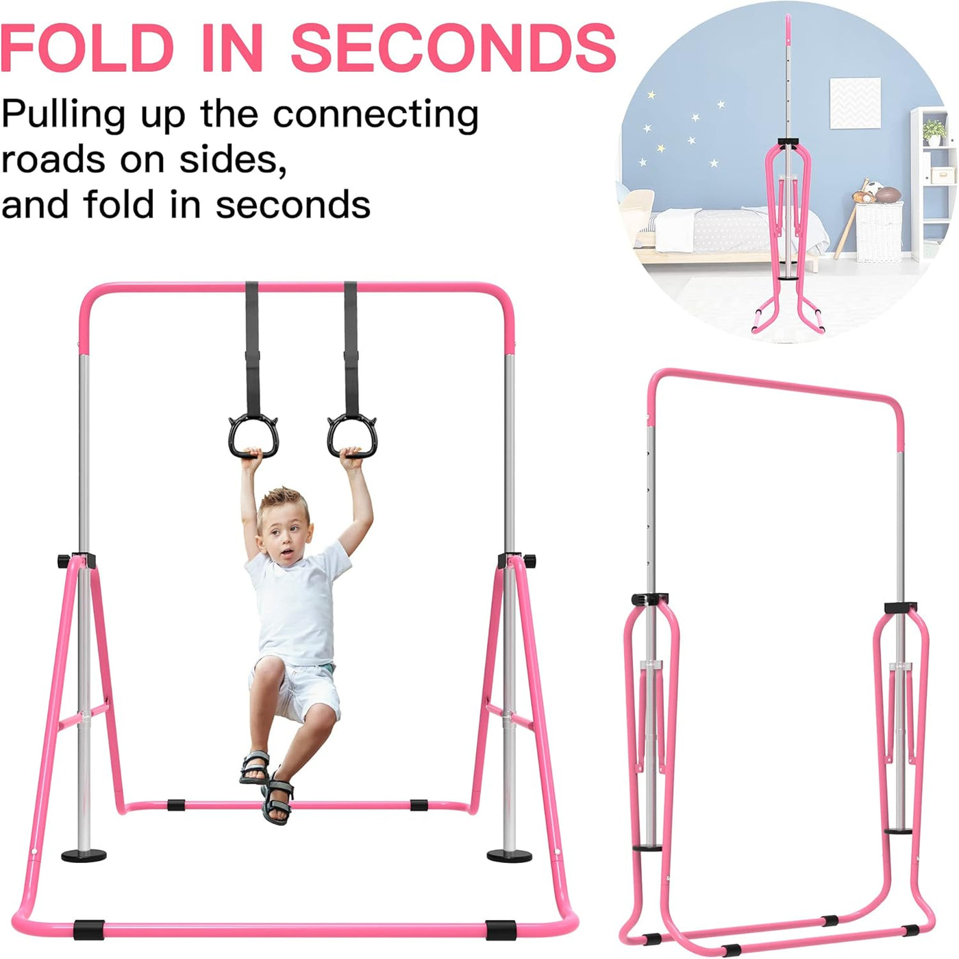 EVERYMILE Junior Gymnastics Bars, Adjustable Kip Training Bar w/ Rings for Kids