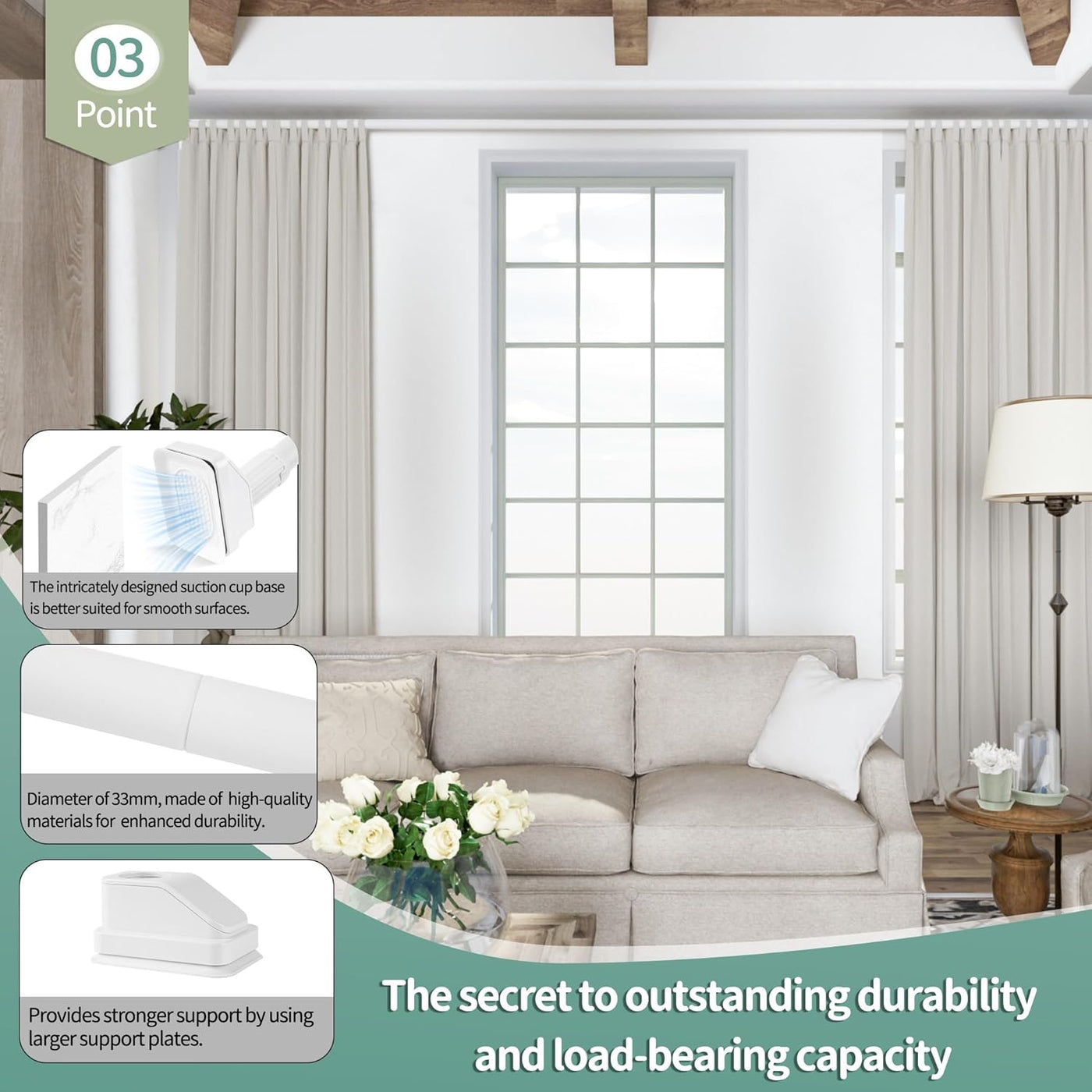 Telescopic Shower Curtain Rod, 120-200cm, No-Drill, Suction Cups, White