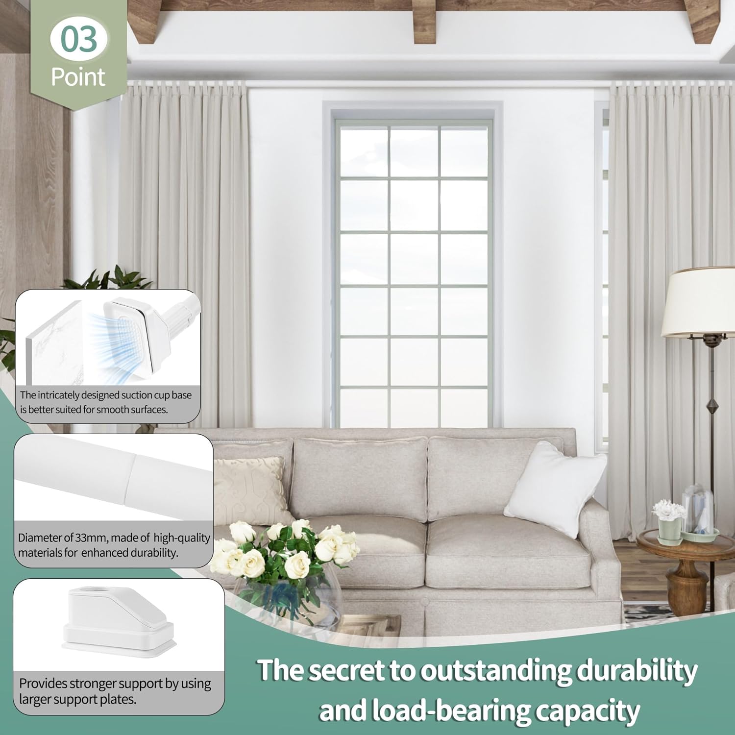 Telescopic Shower Curtain Rod, 120-200cm, No-Drill, Suction Cups, White