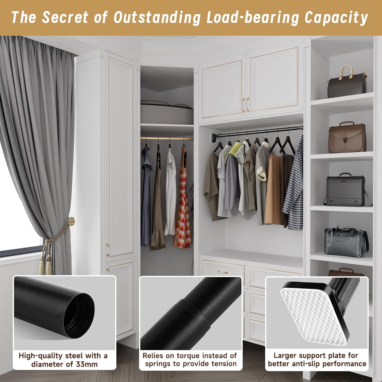 Telescopic Shower Curtain Rod, 110-250cm, No Drilling, Steel, Up to 50kg, Black