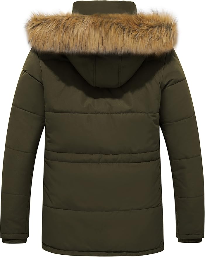 Green winter jacket with fur-lined hood on a white background