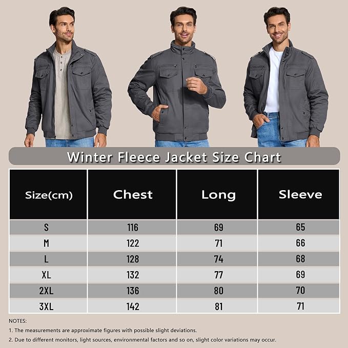 Winter fleece jacket size chart with a man modeling the jacket.