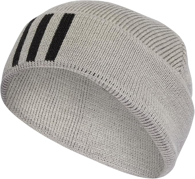 Gray knit beanie with black stripes on a white background