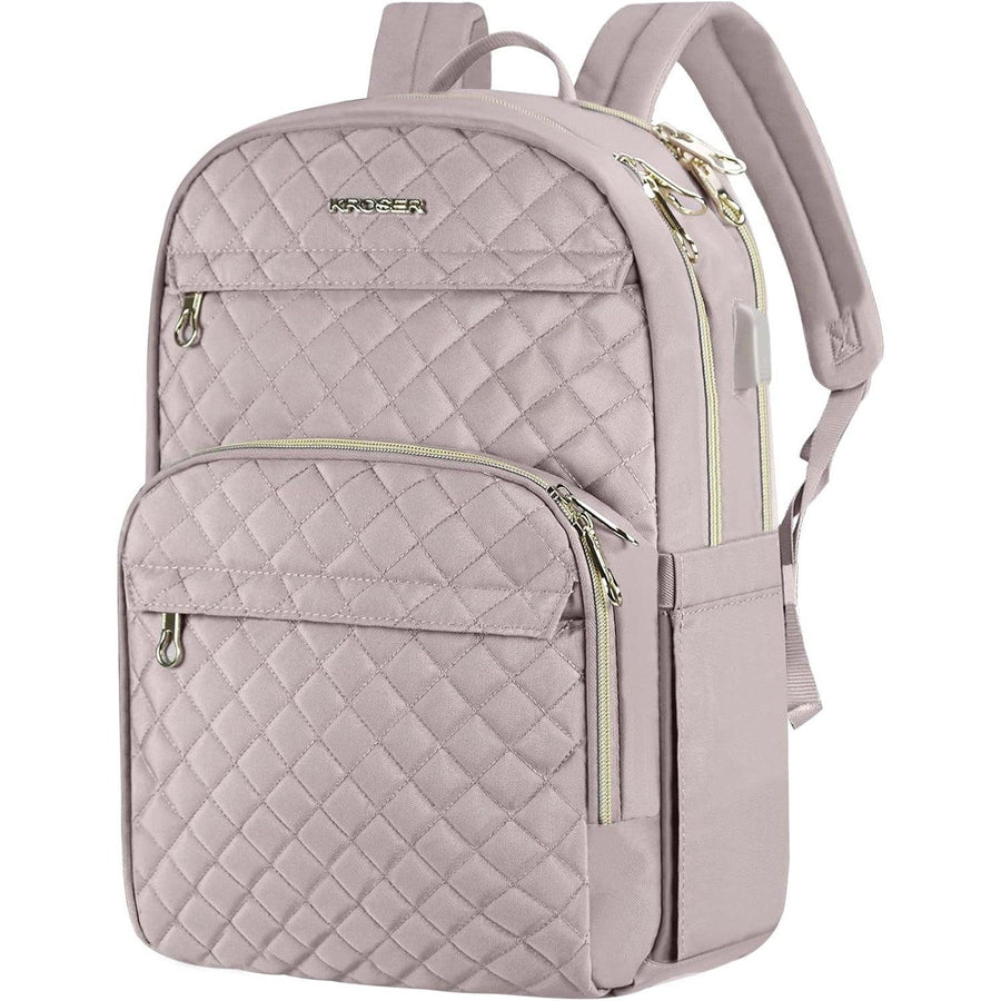 A gray KROSER 15.6 inch laptop backpack with water-repellent feature, USB port, and luggage strap.