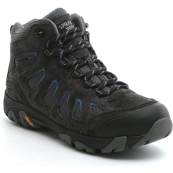 A pair of black Sprayway Raasay Mid women's suede leather walking boots with blue accents and a mid-cut design.