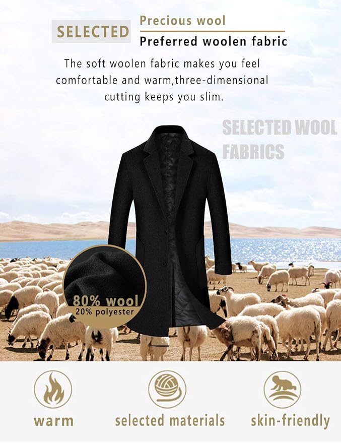 Mens Wool Trench Coat Slim Fit Long Woolen Overcoat Black Size XL iCKER