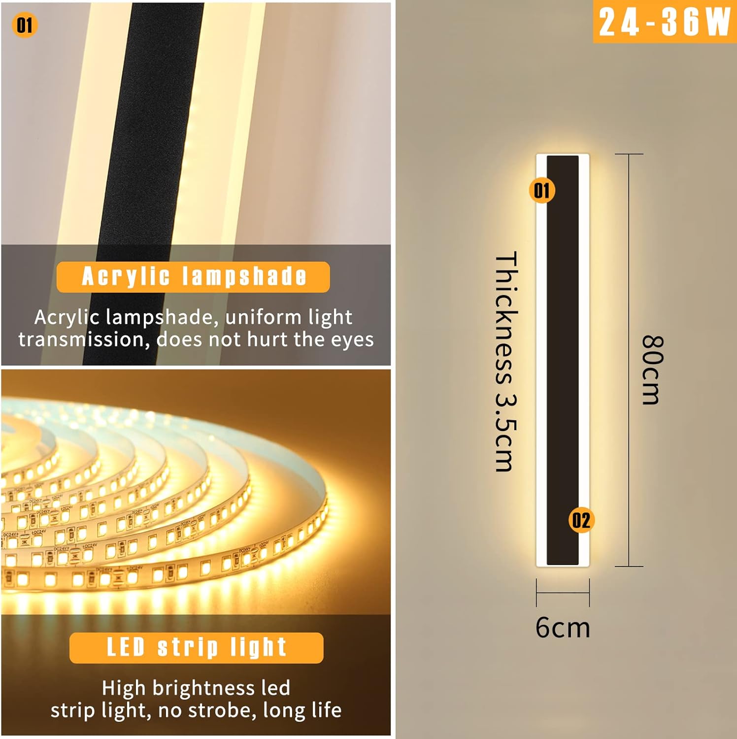 Mikeru 80CM 31W LED Wall Light, Warm White 3000K, Modern Acrylic for Outdoor